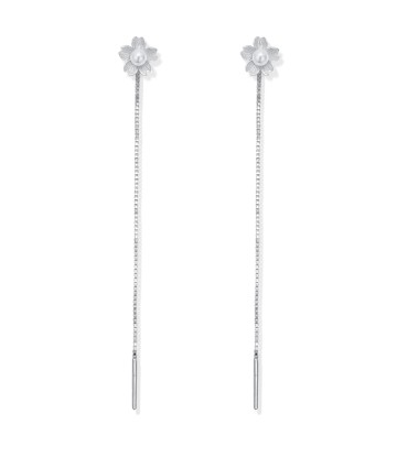 Flower Pearl with Dangling Chain Silver Earring STC-2198